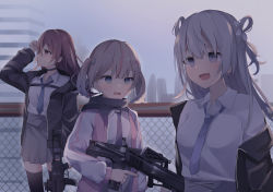 Rule 34 | 3girls, :d, absurdres, bad id, bad pixiv id, black jacket, blue eyes, blue neckwear, blue sky, blush, brown eyes, brown hair, building, bullpup, chain-link fence, collared shirt, dress shirt, earrings, fang, fence, fingernails, grey skirt, gun, hair between eyes, hair ornament, hair rings, hairclip, highres, holding, holding gun, holding weapon, jacket, jewelry, long hair, long sleeves, looking away, multicolored hair, multiple girls, necktie, off shoulder, open clothes, open jacket, open mouth, original, outdoors, pink jacket, pleated skirt, profile, purple eyes, purple neckwear, red hair, shirt, silver hair, skirt, sky, smile, streaked hair, trigger discipline, tsuruse, weapon, weapon request, white shirt, x hair ornament