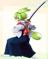 Rule 34 | 1girl, beads, blush, commentary, fighting stance, from behind, glint, green hair, hair beads, hair ornament, hakama, hakama pants, hand up, highres, holding, holding sword, holding weapon, japanese clothes, katana, kimono, long hair, looking ahead, looking to the side, low ponytail, multicolored background, natsu tuna, no shoes, open mouth, pants, pea pod, profile, sleeves rolled up, socks, solo, sword, tasuki, two-handed, v-shaped eyebrows, voicevox, weapon, white kimono, white socks, yellow eyes, zundamon