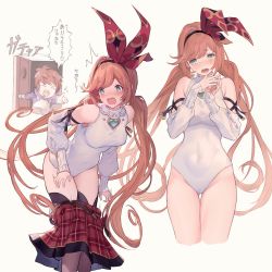 Rule 34 | 1boy, 1girl, belt, black thighhighs, blush, bow, breasts, brown hair, clarisse (granblue fantasy), clarisse (valentine) (granblue fantasy), commentary request, detached sleeves, dressing, fingers together, gran (granblue fantasy), granblue fantasy, green eyes, hair bow, headband, heart, heattech leotard, highres, large breasts, leotard, long hair, looking at another, looking at viewer, looking back, low twintails, navel, open mouth, orange hair, pointing, red ribbon, red skirt, ribbon, short hair, sidelocks, skirt, unworn skirt, sweatdrop, thighhighs, thighs, translation request, turtleneck, twintails, u jie, very long hair, white leotard, white sleeves