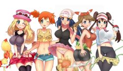 Rule 34 | 5girls, animal ears, ass, assisted exposure, bad deviantart id, bad id, bag, bare shoulders, beak, beanie, bike shorts, biting, black bra, black pantyhose, black shirt, black thighhighs, blonde hair, blue eyes, blue hair, blue panties, blue shorts, blush, bow, bow panties, bra, bracelet, breasts, brown hair, cleavage, closed eyes, clothes pull, collarbone, covered erect nipples, creatures (company), crop top, dawn (pokemon), denim, double bun, dripping, fangs, feet, female focus, fennekin, flying sweatdrops, fox ears, fox tail, from behind, game freak, gen 3 pokemon, gen 5 pokemon, gen 6 pokemon, glasses, hair bun, hair ornament, hair tie, hairband, hairclip, hand on ass, hand up, hands up, hat, jewelry, jpeg artifacts, jumping, large breasts, long hair, looking at viewer, looking back, looking to the side, may (pokemon), may (pokemon oras), midriff, misty (pokemon), multiple girls, navel, nintendo, one eye closed, open fly, open mouth, orange hair, own hands together, panties, panties under pantyhose, pantyhose, pantyshot, pink bow, pink headwear, pink panties, pink scarf, pink skirt, poke ball, pokemon, pokemon (anime), pokemon (creature), pokemon bw2, pokemon dppt, pokemon oras, pokemon xy, pokemon xy (anime), ponytail, red shirt, red skirt, rosa (pokemon), scarf, see-through, serena (pokemon), shirt, short hair, short shorts, shorts, shorts pull, side-tie panties, side ponytail, simple background, skindentation, skirt, skirt pull, sleeveless, sleeveless shirt, smile, snivy, standing, striped clothes, striped panties, suspenders, tail, teeth, tentacles, thigh gap, thighhighs, torchic, twintails, two-tone panties, unbuttoned, underwear, v arms, virus-g, wet, wet clothes, wet shirt, white-framed eyewear, white background, white headwear, white panties, white shirt, white shorts, wink, wristband, yellow bag, yellow shirt, yellow shorts, zettai ryouiki