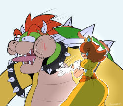 Rule 34 | 1boy, 1girl, absurdres, ass, bowser, brown hair, crown, dress, earrings, flower earrings, gloves, highres, hitting, horns, jewelry, mario (series), mario party, mario party 3, meme, nintendo, orange dress, pain, princess daisy, puffy short sleeves, puffy sleeves, red eyes, red hair, short sleeves, slap mark, slapping, spiked hair, thegreyzen, tomboy, tongue, tongue out, will smith slapping chris rock (meme)