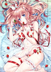 Rule 34 | 1girl, arm between breasts, bare shoulders, barefoot, between breasts, blue eyes, bow, breasts, bridal garter, brown hair, clothes lift, collarbone, dress, dress lift, earrings, feet out of frame, food, food in mouth, food print, fruit, hair spread out, hairband, highres, hitsuji kumo, jewelry, long hair, looking at viewer, lying, moe2022, mouth hold, navel, on side, original, panties, partially submerged, print panties, red bow, see-through, short dress, side-tie panties, sleeveless, sleeveless dress, solo, spaghetti strap, straight hair, strawberry, strawberry print, sundress, thigh strap, tile floor, tiles, underwear, water, wet, wet clothes, wet dress, white dress, white panties, wrist cuffs