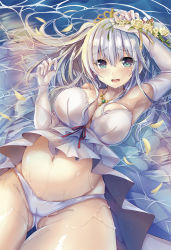 Rule 34 | 10s, 1girl, armpits, blue eyes, breasts, bridal gauntlets, commentary request, dress, elbow gloves, flower, gloves, hair between eyes, kantai collection, kashima (kancolle), large breasts, lying, navel, on back, open mouth, panties, partially submerged, pregnant, short hair, silver hair, solo, sumisuzu, two side up, underwear, water, wedding dress, wedding lingerie, white gloves, white panties, yellow flower
