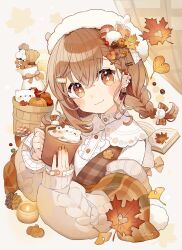Rule 34 | + +, 1girl, apple, bandaid, bandaid on hand, book, braid, braided bangs, brown eyes, brown hair, buckle, candle, chon (chon33v), commentary request, cup, ear piercing, earrings, food, fruit, hair ornament, highres, holding, holding cup, jewelry, leaf, long sleeves, maple leaf, multicolored nails, mushroom, original, piercing, pumpkin, solo, sweater, twin braids, white headwear