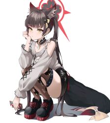 Rule 34 | 1girl, absurdres, animal ears, black footwear, black nails, black skirt, blue archive, brown hair, brown thighhighs, cellphone, closed mouth, collarbone, emil (386), eyeshadow, fingernails, fox ears, fox tail, full body, halo, highres, holding, holding phone, korean commentary, long hair, long sleeves, makeup, nail polish, phone, red eyeshadow, red halo, shirt, shoes, simple background, skirt, smartphone, solo, squatting, tail, thighhighs, torn clothes, torn thighhighs, wakamo (blue archive), white background, white shirt, yellow eyes