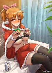 Rule 34 | 1girl, abe nana, bar censor, bed, beer can, beiske (de skb3), bell, bikini, black bikini, black thighhighs, blush, breasts, can, cape, censored, cleavage, commentary, curtains, drink can, drunk, fur-trimmed skirt, fur trim, green ribbon, hair ribbon, hands up, heart, heart-shaped pupils, high ponytail, highres, hood, hood down, hooded cape, idolmaster, idolmaster cinderella girls, indoors, large breasts, looking at viewer, miniskirt, motion lines, navel, nose blush, on bed, orange hair, parted bangs, pink ribbon, pom pom (clothes), red cape, red skirt, ribbon, santa costume, sitting, skirt, smile, solo, squeans, string bikini, swimsuit, symbol-shaped pupils, thighhighs, thighs, twitter username, underboob