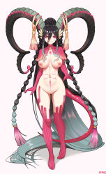Rule 34 | + +, 1girl, absurdly long hair, absurdres, black hair, braid, cleft of venus, crossed bangs, curled horns, dragon girl, fate/grand order, fate (series), feet, full body, functionally nude, gloves, highres, horn ornament, horns, long hair, long horns, ninai, nipples, nude, pointy ears, pubic tattoo, pussy, solo, standing, symbol-shaped pupils, tattoo, thighhighs, tiamat (fate), twin braids, twintails, very long hair