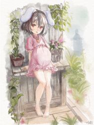 Rule 34 | 1girl, animal ears, bare legs, barefoot, black hair, dress, faux traditional media, flat chest, flatculture, full body, garden, head tilt, highres, inaba tewi, jewelry, krita (medium), light smile, looking at viewer, pendant, petite, pink dress, plant, potted plant, pregnant, rabbit ears, red eyes, self-upload, short hair, sitting, sundress, table, thighs, tongue, tongue out, touhou, watercolor effect, wooden table