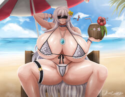 Rule 34 | 1girl, beach, bikini, breasts, cameltoe, cleft of venus, covered eyes, dungeon fighter online, female focus, female pubic hair, flower, gigantic breasts, hair flower, hair ornament, holding, micro bikini, ocean, pubic hair, shiny skin, solo, spread legs, swimsuit, thick thighs, thighs, umbrella, water, white bikini, yellow flower, yeoljoo