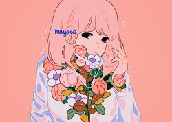 Rule 34 | 1girl, artist name, black eyes, expressionless, floral print, flower, hand up, leaf, long hair, long sleeves, looking at viewer, meyoco, original, pink background, pink flower, pink hair, plant, simple background, solo, sparkle, upper body, white flower