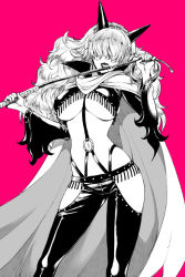 Rule 34 | 1girl, breasts, chaps, cloak, color background, earrings, fringe trim, hair over eyes, horns, huge breasts, impel down, jewelry, jii, leather, licking, long hair, long sleeves, monochrome, nail polish, navel, one piece, pink background, sadi-chan, saliva, shiny clothes, skin tight, solo, standing, tongue, underboob, whip