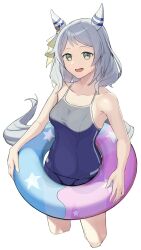 Rule 34 | 1girl, animal ears, bare shoulders, blue one-piece swimsuit, breasts, clothing cutout, collarbone, commentary, ear covers, grey eyes, grey hair, highres, hishi miracle (umamusume), horse ears, horse girl, horse tail, innertube, kanpiro, looking at viewer, medium breasts, medium hair, one-piece swimsuit, simple background, solo, swim ring, swimsuit, tail, tail through clothes, tracen swimsuit, umamusume, white background