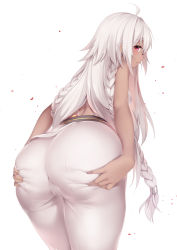 Rule 34 | 1girl, absurdres, ahoge, ass, ass grab, bare shoulders, blush, braid, breasts, chen bin, dark-skinned female, dark skin, fate/grand order, fate (series), hands on ass, highres, hip focus, lakshmibai (fate), long hair, looking at viewer, looking back, pants, red eyes, simple background, sleeveless, small breasts, solo, thighs, twin braids, very long hair, white background, white hair, white pants