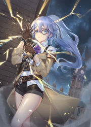Rule 34 | 1girl, absurdres, belt, black hair, black shorts, blue eyes, brown coat, brown gloves, building, closed mouth, coat, detective, electricity, fu hua, fu hua (valkyrie accipiter), gloves, hair between eyes, highres, honkai (series), honkai impact 3rd, long hair, looking at viewer, monocle, night, night sky, outdoors, polo shirt, ponytail, shirt, shorts, sky, sleeves rolled up, solo, v-shaped eyebrows, white shirt, wucanming
