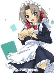 Rule 34 | 1girl, blue eyes, breasts, breasts out, brown hair, dress, harukaze chiharu, hayate no gotoku!, maid, maid headdress, medium breasts, michael f91, nipples, open clothes, open dress, ribbon, solo, thighhighs