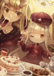 Rule 34 | 2girls, absurdres, alcohol, blunt bangs, cake, chandelier, checkerboard cookie, choker, closed mouth, coffee, coffee mug, cookie, cup, dress, drinking glass, earrings, eye (okame nin), fewer digits, food, fork, fur trim, hat, highres, holding, holding cup, holding fork, horns, iga (okame nin), jewelry, long sleeves, looking at another, looking at viewer, looking to the side, mug, multiple girls, necklace, no mouth, okame nin, one eye closed, original, pointy ears, red dress, red headwear, scar, sideways glance, spiked horns, strawberry shortcake, surgical scar, symbol in eye, tablecloth, teacup, teapot, wine, wine glass, yellow eyes