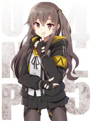 Rule 34 | 1girl, armband, text background, black gloves, black jacket, black ribbon, black skirt, blush, brown eyes, brown hair, brown pantyhose, character name, closed mouth, dress shirt, fingerless gloves, girls&#039; frontline, gloves, hair between eyes, hair ornament, hood, hood down, hooded jacket, index finger raised, jacket, kutata, long hair, neck ribbon, one side up, open clothes, open jacket, pantyhose, pleated skirt, ribbon, scar, scar across eye, scar on face, shirt, skirt, smile, solo, ump45 (girls&#039; frontline), very long hair, white background, white shirt