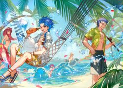 Rule 34 | 3boys, 3girls, abs, beach, bikini, blue hair, bottle, braid, braided ponytail, breasts, bridal garter, cu chulainn (fate), dog, fate/grand order, fate (series), fergus mac roich (fate), fishing rod, flower, frilled bikini, frills, hair flower, hair intakes, hair ornament, hawaiian shirt, hibiscus, highres, holding, holding bottle, inflatable toy, kunai, lack, large breasts, male swimwear, medb (fate), medb (swimsuit saber) (fate), microskirt, multiple boys, multiple girls, muscular, muscular child, muscular male, off-shoulder bikini, off shoulder, open clothes, outdoors, palm tree, pectorals, pink bikini, pink hair, puppy, purple bikini, purple hair, purple sarong, red eyes, samoyed (dog), sarong, scar, scar on chest, scathach (fate), scathach (fate/grand order), scathach (swimsuit assassin) (fate), scathach skadi (swimsuit ruler) (fate), scathach skadi (swimsuit ruler) (first ascension) (fate), setanta (fate), shirt, sideburns, skirt, spiked hair, swim trunks, swimsuit, tree, tropical fish, twintails, water, waves, weapon, white bikini, white dog, yellow eyes
