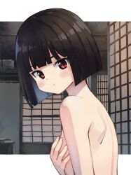 Rule 34 | 1girl, akemiho tabi nikki, architecture, bare back, bare shoulders, black hair, blunt bangs, blush, bob cut, breasts, closed mouth, commentary request, completely nude, covering privates, covering breasts, east asian architecture, from side, fukube tamaki, hands on own chest, highres, indoors, kouno hikaru, looking at viewer, looking to the side, nude, original, outside border, pursed lips, red eyes, short hair, shouji, shoulder blades, sliding doors, small breasts, solo, upper body