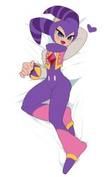 Rule 34 | absurdres, androgynous, blue eyes, blush, captain kirb, colored skin, dakimakura (medium), eyelashes, full body, gender request, hat, heart, highres, jester, jester cap, looking at viewer, lying, nights (character), nights into dreams, on back, open mouth, sega, simple background, smile, solo, white background, white skin