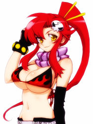 Rule 34 | 00s, 1girl, :3, bad id, bikini, bikini top only, breasts, cleavage, elbow gloves, gloves, hair ornament, huge breasts, large breasts, long hair, midriff, navel, ponytail, red hair, scarf, skull, skull hair ornament, solo, striped clothes, striped scarf, swimsuit, tengen toppa gurren lagann, underboob, yellow eyes, yoko littner, zero hime