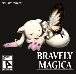 Rule 34 | 10s, absurdres, adesa, aerie (bravely default), artist name, black background, bravely default: flying fairy, bravely default (series), closed eyes, commentary request, copyright name, crossover, english text, fairy, fairy wings, highres, kyubey, long hair, mahou shoujo madoka magica, mahou shoujo madoka magica (anime), no humans, pointy ears, sleeping, smile, spoilers, square enix, wings
