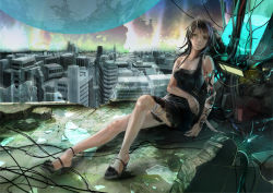 Rule 34 | 1girl, 8981, android, bad id, bad pixiv id, black hair, broken glass, cityscape, dress, glass, green eyes, high heels, long hair, original, shoes, solo