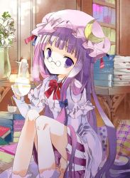 Rule 34 | 1girl, bad id, bad twitter id, bespectacled, book, bow, capelet, cierra (ra-bit), crescent, cup, dress, flower, glasses, hair bow, hair ornament, hat, hat bow, long hair, long sleeves, looking at viewer, mob cap, patchouli knowledge, pince-nez, purple eyes, purple hair, ra-bit, sitting, solo, striped clothes, striped dress, touhou