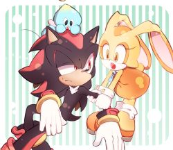 Rule 34 | 1boy, 1girl, :o, animal ears, animal nose, bracelet, cheese (sonic), closed mouth, cream the rabbit, dress, furry, furry male, gloves, jewelry, open mouth, orange dress, orange footwear, pulling another&#039;s clothes, rabbit ears, red eyes, shadow the hedgehog, sonic (series), sweatdrop, tondamanuke, white gloves