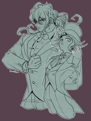 Rule 34 | 2boys, alternate costume, arms behind back, artist name, ascot, bangs pinned back, bow, bowtie, brown background, buttons, clenched hand, closed mouth, coattails, collared jacket, collared shirt, collared vest, commentary request, cropped legs, danganronpa (series), danganronpa v3: killing harmony, frown, glasses, gloves, gokuhara gonta, green theme, hand on own chest, hat, highres, jacket, konakai, long hair, long sleeves, looking at viewer, messy hair, multiple boys, oma kokichi, outline, pants, round eyewear, shirt, simple background, top hat, traditional bowtie, tuxedo, very long hair, vest, white outline