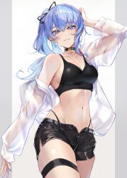 Rule 34 | 1girl, alternate costume, black choker, black shorts, black sports bra, blue eyes, blue hair, border, breasts, choker, cleavage, commentary request, cowboy shot, grey border, highleg, highres, hololive, hoshimachi suisei, latex shorts, light blue hair, looking at viewer, medium breasts, midriff, navel, off shoulder, omoti (1201208), open clothes, open shirt, see-through silhouette, shirt, short shorts, shorts, side ponytail, smile, solo, sports bra, star (symbol), star choker, thigh strap, virtual youtuber, white background, white shirt
