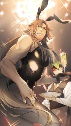 Rule 34 | 2boys, achilles (fate), animal ears, annoyed, bad id, bad twitter id, blush, brown hair, chiron (fate), detached collar, drinking straw, fake animal ears, fate/apocrypha, fate (series), glowing, glowing eye, green eyes, green hair, highres, leotard, long hair, male focus, male playboy bunny, multiple boys, no-kan, pantyhose, pectorals, playboy bunny, rabbit ears, red eyes, shaded face, waiter, wrist cuffs