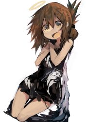 Rule 34 | 1girl, absurdres, alternate costume, angel wings, bare shoulders, black dress, brown hair, dress, fang, folded ponytail, hair between eyes, halo, highres, inazuma (kancolle), kaamin (mariarose753), kantai collection, kneeling, open mouth, own hands clasped, own hands together, simple background, smile, solo, white background, wings, yellow eyes