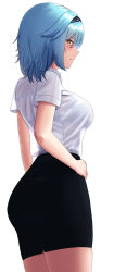 Rule 34 | 1girl, 1nilla&#039;, ass, black hairband, black skirt, blouse, blue hair, blush, breasts, closed mouth, collared shirt, contemporary, dress shirt, eula (genshin impact), from side, genshin impact, hair between eyes, hairband, hand on own hip, highres, large breasts, looking at viewer, looking back, medium hair, miniskirt, pencil skirt, see-through silhouette, shirt, shirt tucked in, short sleeves, simple background, skirt, solo, white background, white shirt, yellow eyes