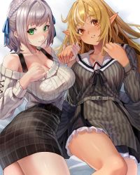 Rule 34 | 2girls, belt, black skirt, blonde hair, blue ribbon, breasts, cleavage, dark-skinned female, dark skin, dress, green eyes, grey belt, grey dress, hair ribbon, highres, hololive, kobayashi (jna x rgh), large breasts, long hair, looking at viewer, lying, multicolored hair, multiple girls, on back, on side, parted lips, plaid, plaid skirt, pointy ears, red eyes, ribbon, shiranui flare, shiranui flare (street), shirogane noel, shirogane noel (casual), short hair, skirt, streaked hair, striped clothes, striped dress, sweater, thighs, vertical-striped clothes, vertical-striped dress, virtual youtuber, white hair, white sweater