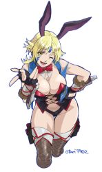 Rule 34 | 1girl, animal ears, blonde hair, breasts, cleavage, fingerless gloves, fishnet thighhighs, fishnets, gloves, indesign, large breasts, long hair, looking at viewer, one eye closed, open mouth, project x zone, project x zone 2, rabbit ears, sheath (pxz), simple background, smile, solo, standing, thighhighs, white background, yellow eyes