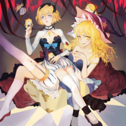 Rule 34 | 2girls, alice margatroid, alternate costume, bird, blonde hair, blue eyes, breasts, cleavage, cleavage cutout, clothing cutout, doll, doll joints, full body, garter straps, hat, highres, jewelry, joints, kirisame marisa, kneehighs, long hair, long sleeves, looking at viewer, multiple girls, nail polish, necklace, on person, open mouth, qidai, ribbon, shanghai doll, shirt, short hair, shorts, sitting, sleeveless, smile, socks, thighhighs, touhou, turtleneck, white legwear, witch hat, yellow eyes, zettai ryouiki
