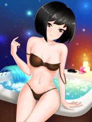 Rule 34 | 1girl, artist request, bare arms, bare shoulders, beckoning, black bra, black hair, black panties, blush, bob cut, bra, breasts, breasts apart, brown eyes, bubble, candle, cleavage, closed mouth, collarbone, date crush stories, erisa (date crush stories), flower, game cg, highres, jacuzzi, jacuzzi tub, lace, lingerie, looking at viewer, navel, night, panties, short hair, sitting, small breasts, smile, solo, stomach, thigh gap, thighs, underwear, underwear only, undressing, water