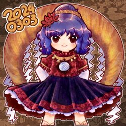 Rule 34 | 1girl, black skirt, brown background, chibi, chibi only, dated, frilled shirt, frills, full body, hair ornament, highres, leaf hair ornament, legs apart, looking at viewer, medium hair, mirror, okizari, outline, purple hair, red eyes, red shirt, rope, sandals, shimenawa, shirt, short sleeves, skirt, smile, solo, standing, straight-on, touhou, white outline, yasaka kanako