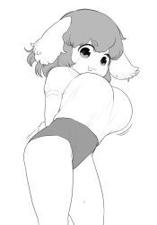 Rule 34 | 1girl, :3, alternate breast size, alternate costume, breasts, buruma, commentary request, contrapposto, cowboy shot, floppy ears, greyscale, highres, inaba tewi, large breasts, looking at viewer, medium hair, monochrome, open mouth, oppai loli, rabbit girl, rabbit tail, shirt, short sleeves, simple background, smile, solo, t-shirt, tail, touhou, yonaki