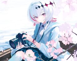 Rule 34 | afloat, black skirt, boat, camera, cherry blossoms, dtto., headband, highres, holding, holding camera, jacket, multicolored hair, pale skin, pleated skirt, red eyes, sankichi (croquette crab), scarz, shirt, skirt, skull ornament, thighhighs, utaite, virtual youtuber, watercraft, white hair, white shirt