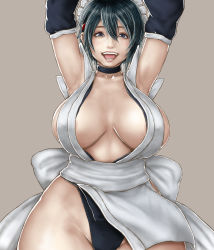 Rule 34 | 1girl, arms up, bare shoulders, black hair, blue eyes, blush, breasts, curvy, from behind, from below, headdress, highleg, highleg leotard, highres, iroha (samurai spirits), large breasts, leotard, leotard under clothes, looking at viewer, maid, maid headdress, nix (ak-style), open mouth, samurai spirits, shiny clothes, shiny skin, short hair, sideboob, simple background, solo, thick thighs, thighs, thong, thong leotard, wide hips