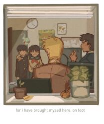 Rule 34 | 1girl, 3boys, arm around shoulder, black hair, window blinds, blonde hair, clock, closed mouth, commentary, ekubo (mob psycho 100), english commentary, english text, flower pot, from outside, gakuran, highres, indoors, kageyama shigeo, kurata tome, long sleeves, looking at another, mob psycho 100, mp100days, multiple boys, office, open mouth, plant, poster (object), potted plant, reigen arataka, school uniform, serafuku, serizawa katsuya, short hair, spirit, standing, window