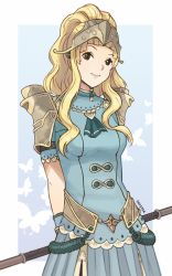 Rule 34 | 1girl, blonde hair, clair (fire emblem), curly hair, fire emblem, fire emblem echoes: shadows of valentia, fire emblem gaiden, holding, holding weapon, long hair, nintendo, polearm, simple background, smile, spear, weapon