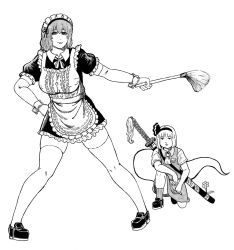 Rule 34 | 2girls, alternate costume, apron, ascot, breasts, broom, closed mouth, collared shirt, commentary request, dress, enmaided, full body, greyscale, hair between eyes, hairband, highres, hitodama print, holding, holding broom, imori (46296895), konpaku youmu, large breasts, looking at viewer, maid, maid apron, maid headdress, monochrome, multiple girls, on one knee, saigyouji yuyuko, scabbard, sheath, shirt, short hair, simple background, skirt, smile, touhou, vest