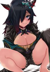 Rule 34 | 1girl, absurdres, animal ears, armor, black hair, black shorts, blue eyes, blush, breasts, bug, butterfly, checkered floor, choker, cleavage, dragon ears, dragon girl, dragon tail, ear piercing, gradient hair, hair over one eye, highres, insect, large breasts, multicolored hair, nose blush, piercing, puzzle &amp; dragons, red choker, red hair, roche (p&amp;d), short shorts, shorts, shoulder armor, shoulder spikes, smile, solo, spikes, spread legs, squatting, taguchi sp, tail