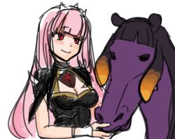 Rule 34 | animalization, black hair, black shirt, blunt bangs, breasts, cleavage, cleavage cutout, closed mouth, clothing cutout, gradient hair, hololive, hololive english, horse, lewdishsnail, long hair, medium breasts, mori calliope, multicolored hair, ninomae ina&#039;nis, orange hair, pink hair, red eyes, shirt, simple background, sketch, smile, virtual youtuber, white background