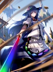Rule 34 | 1girl, apron, black headwear, blouse, blue hair, blue skirt, bow, brown footwear, buttons, feet out of frame, floating island, food, frills, from below, fruit, hat, highres, hinanawi tenshi, holding, holding sword, holding weapon, leaf, long hair, looking at viewer, mountain, neck ribbon, peach, puffy short sleeves, puffy sleeves, rainbow order, red eyes, ribbon, rock, ryosios, scenery, shirt, shoes, short sleeves, skirt, sky, sword, sword of hisou, touhou, weapon, white shirt