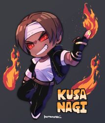 Rule 34 | 1boy, black gloves, black jacket, black pants, brown hair, character name, chibi, colored sclera, fingerless gloves, fingernails, fire, full body, gloves, grin, headband, highres, jacket, kotorai, kusanagi kyou, male focus, no nose, open clothes, open jacket, pants, pyrokinesis, red eyes, red sclera, shirt, short hair, signature, smile, solo, tan, the king of fighters, white headband, white shirt