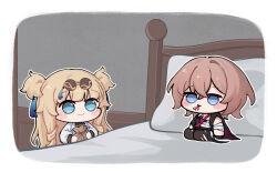 2girls bandaged_arm bandages blonde_hair blue_eyes blush_stickers border brown_hair chibi coat commentary_request eyewear_on_head holding holding_sack honkai_(series) honkai_impact_3rd komi_(mayu_eo22) korean_commentary lantern_(honkai_impact) long_hair medium_hair multiple_girls on_bed rimless_eyewear sack songque thermometer two_side_up white_border white_coat